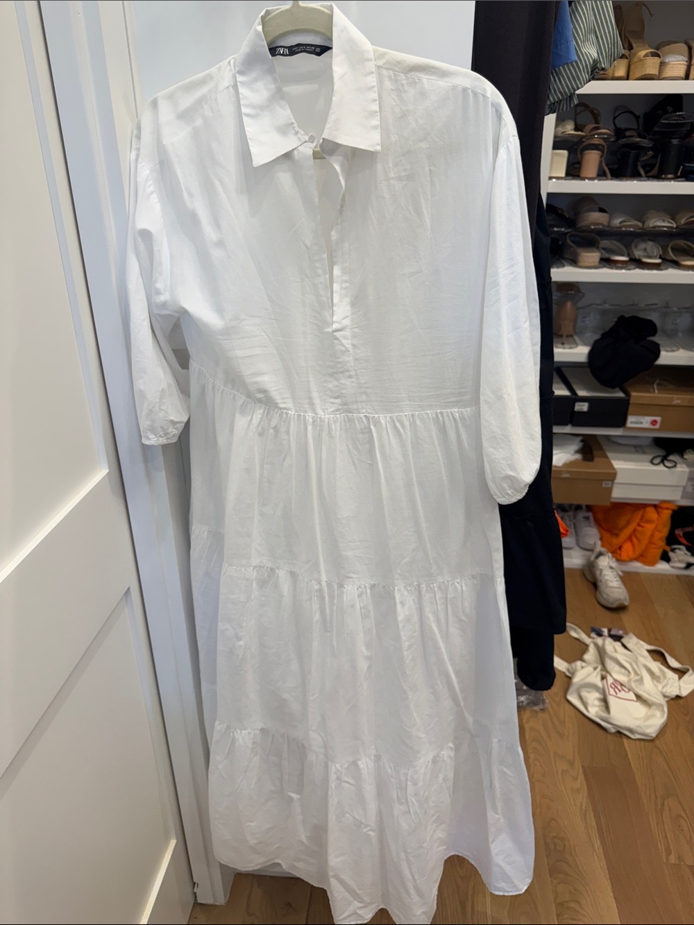 Zara White Tiered Shirt Maxi Dress